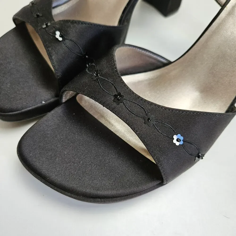 Y2K Unlisted Wedge Heels Women's 10 Black Satin Sequin Ankle Strap‎ Sandals